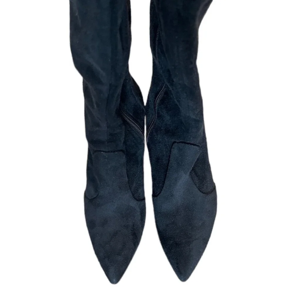 Guess Funke‎ Black Suede Thigh High Heeled Boots Pointed Toe Buckle Detail 7.5